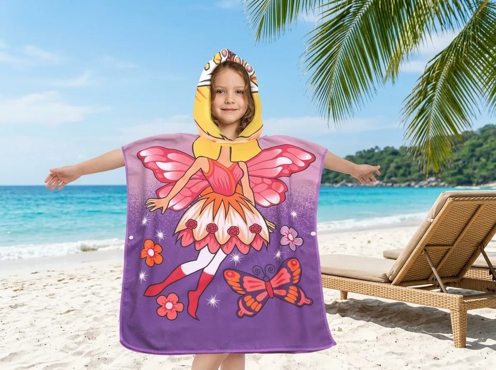 Poncho pentru copii ZANA SI FLUTURE violet Dimensiune: 60 x 120 cm