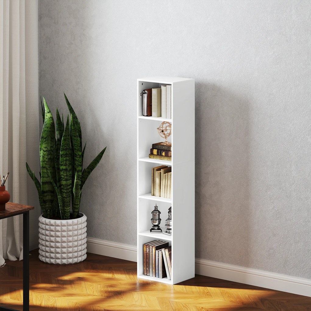 HOMCOM Bibliotecă etajeră de depozitare 5 nivele cu rafturi reglabile pentru sufragerie, dormitor, birou, 30x24x133,5cm, alb | Aosom Romania