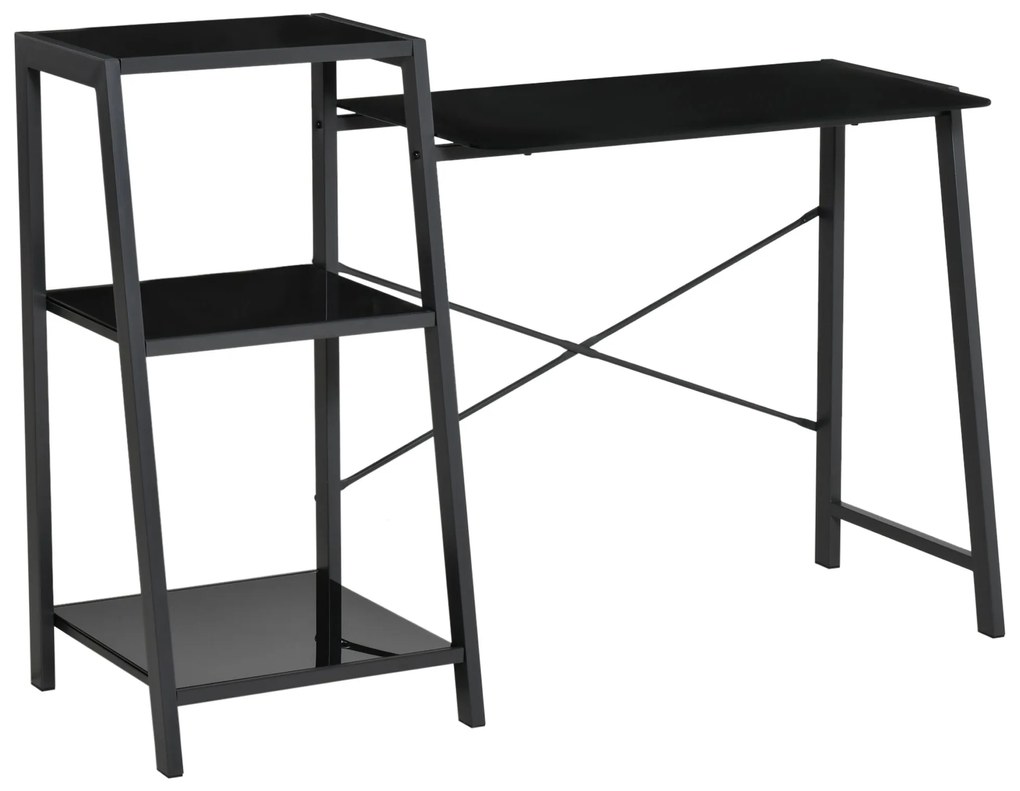 HOMCOM Birou pentru camera si birou cu raft 3 rafturi, birou modern din sticla si metal, 126x45x86.7cm, negru