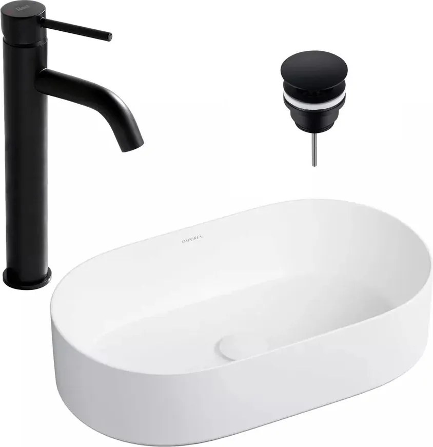 Pachet lavoar pe blat Omnires Mesa alb 53.5 cm, baterie lavoar Rea Lungo negru si ventil lavoar Click-Clack D negru