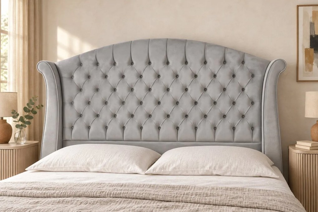 Pat tapițat Chesterfield din catifea Sorella Simple 140×200 cm, gri deschis, cu ladă de depozitare