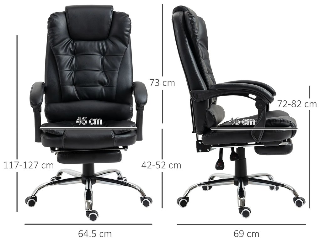 HOMCOM Scaun Birou din Piele Artificială Neagră Înălțime Reglabilă Spătar Rabatabil 64.5x69x127cm | Aosom Romania