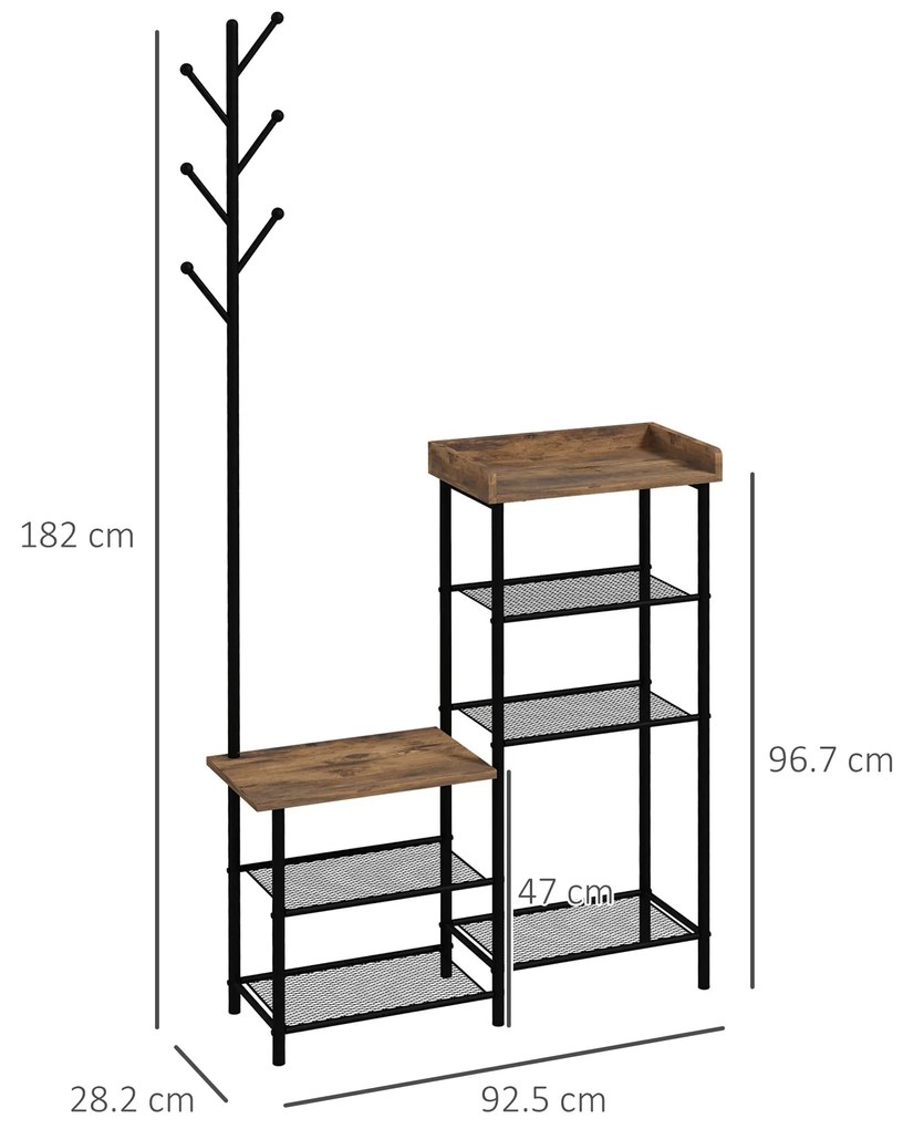 Cuier pentru Haine de Podea cu 6 Carlige HOMCOM, PAL si Otel cu Dulap de Pantofi cu Rafturi, 92.5x28.2x182cm, Maro | Aosom Romania