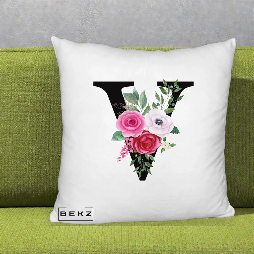 Cadou Personalizat - Perna Personalizata Monograma Florala Litera V cu Buchet, 40x40 cm, Alb Pufos, Husa Detasabila, Perna Inclusa, BEKZ®