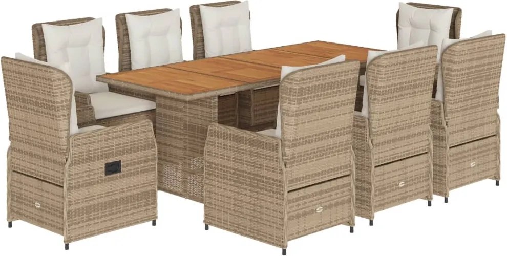 vidaXL Set de masă pentru grădină, 9 piese, cu perne, bej, poliratan