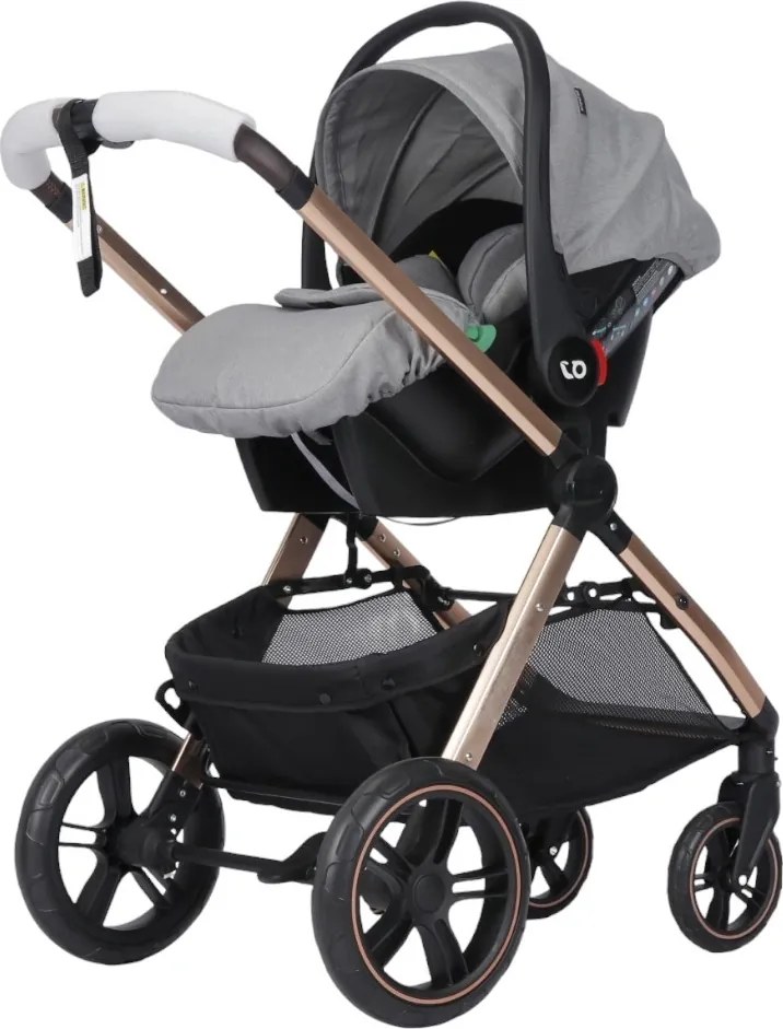 Carucior nou nascuti 3 in 1 NOVOKIDS™ X2000 series, Cu geanta bebe, Cadru Aluminiu Gold, Amortizoare, Roti din cauciuc plin AVE, Landou, Scoica auto,
