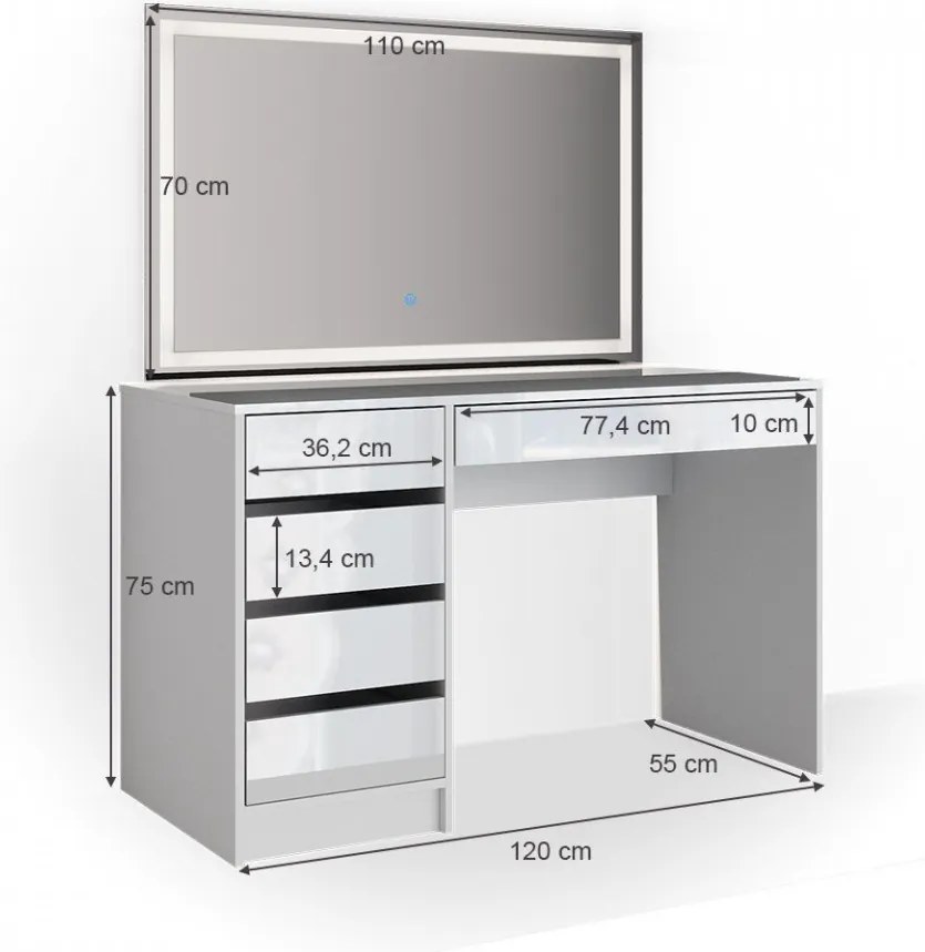 Masuta machiaj cu Oglinda LED si 5 Sertare pentru Cosmetice, Set Masa toaleta 120 cm, Alb Lucios, masuta cosmetica, vanity - SEA902