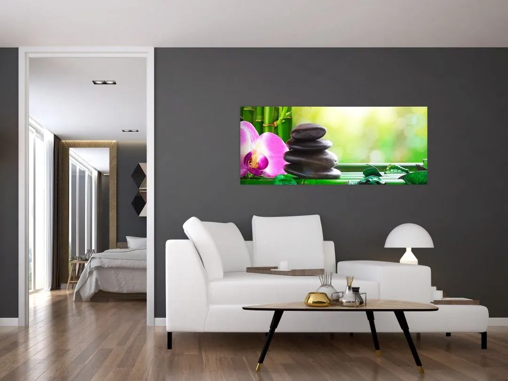 Tablou cu pietre pentru masaj și orhidee (120x50 cm)
