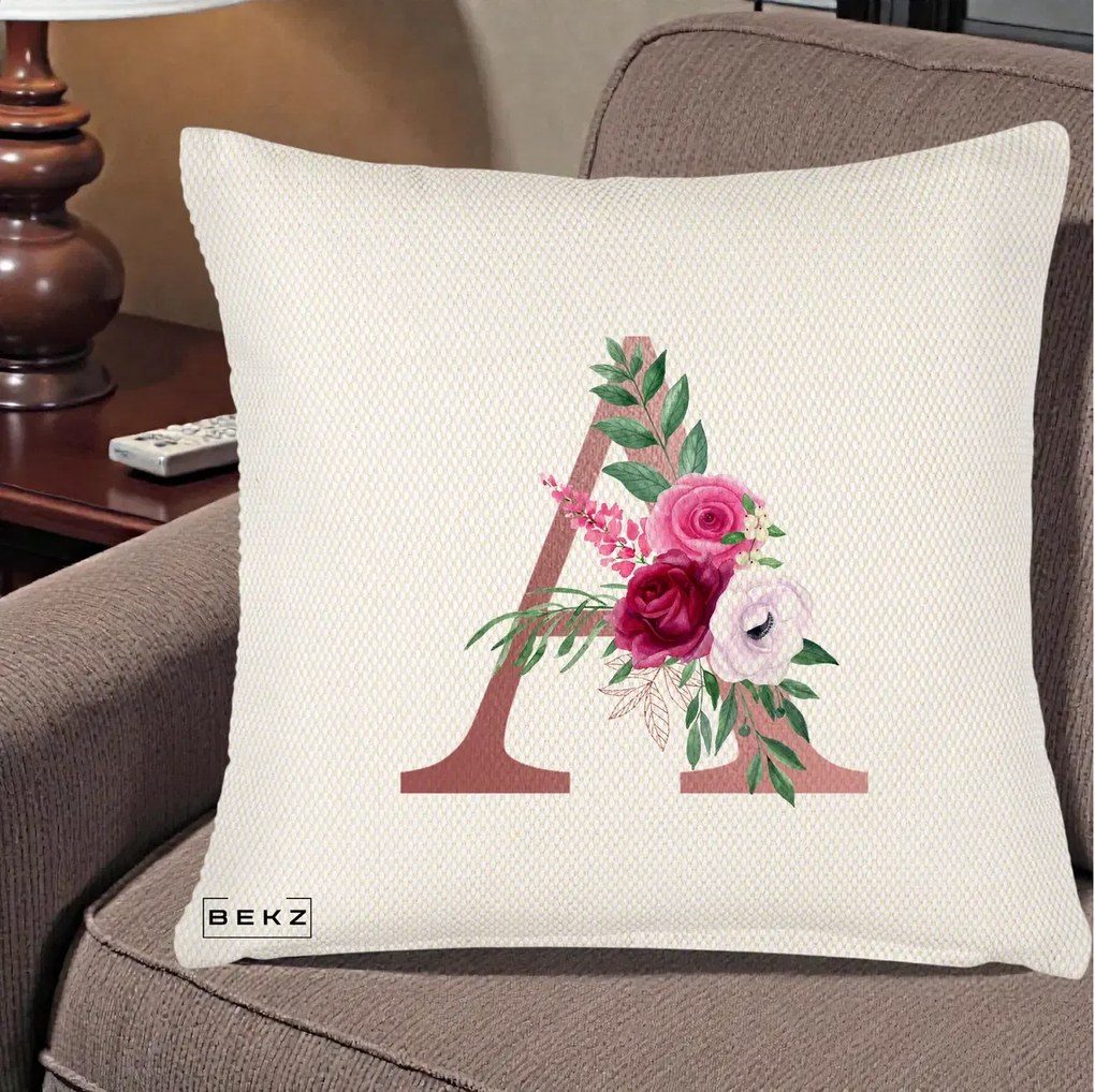Cadou Personalizat - Perna Personalizata Monograma Rose Gold Litera A, 40x40 cm, Crem Reliefat, Husa Detasabila, Perna Inclusa, BEKZ®