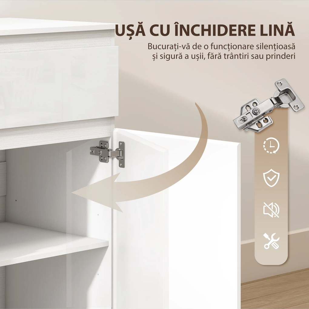 HOMCOM Bufet Modern cu 5 Sertare și Raft Reglabil, Alb Lucios | Aosom Romania