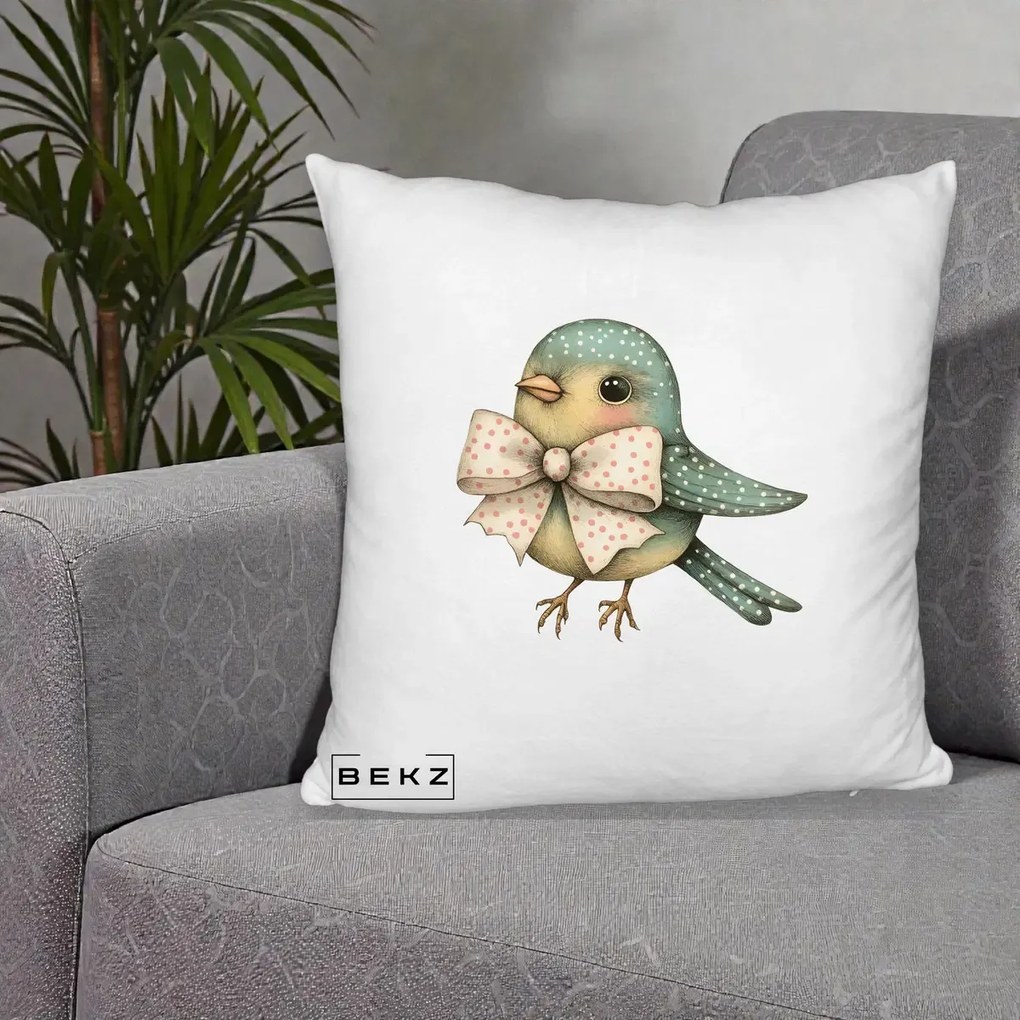 Perna Decorativa Pasare Teal cu Fundita cu Buline, 40x40 cm, Alb Pufos, Husa Detasabila, Perna Inclusa, BEKZ®