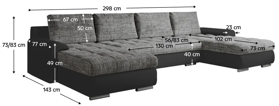 Set canapea universal, piele ecologica negru melir gri, TOLITA U UNI