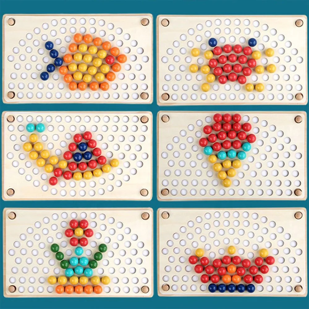 Puzzle mozaic cu bile curcubeu Montessori din lemn