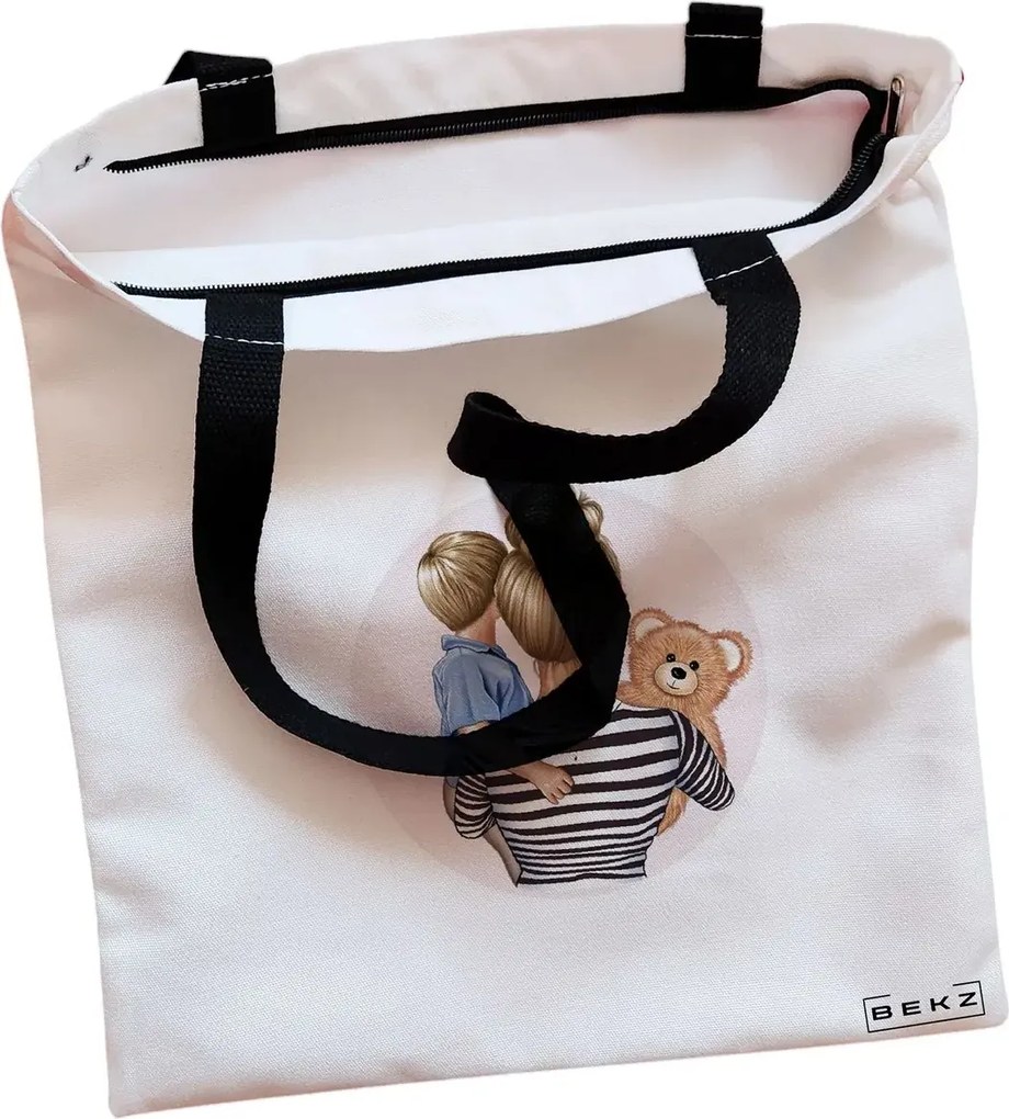 Sacosa de Panza pentru Cumparaturi, Geanta Tote, model Mother of a prince 2, Cu fermoar, 38x34.5 cm, Alba, BEKZ®