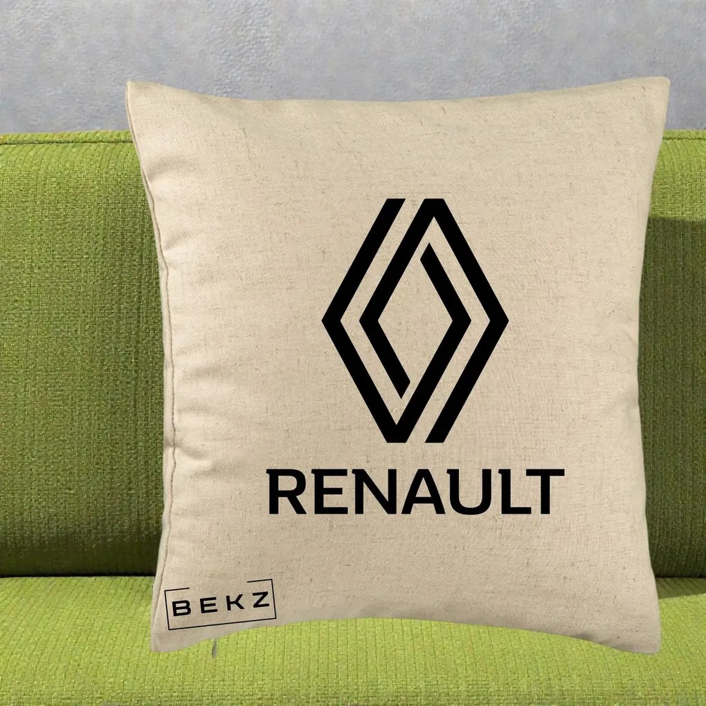 Perna Personalizata cu emblema Renault, 40x40 cm, Bej, Husa Detasabila, Perna Inclusa, BEKZ®