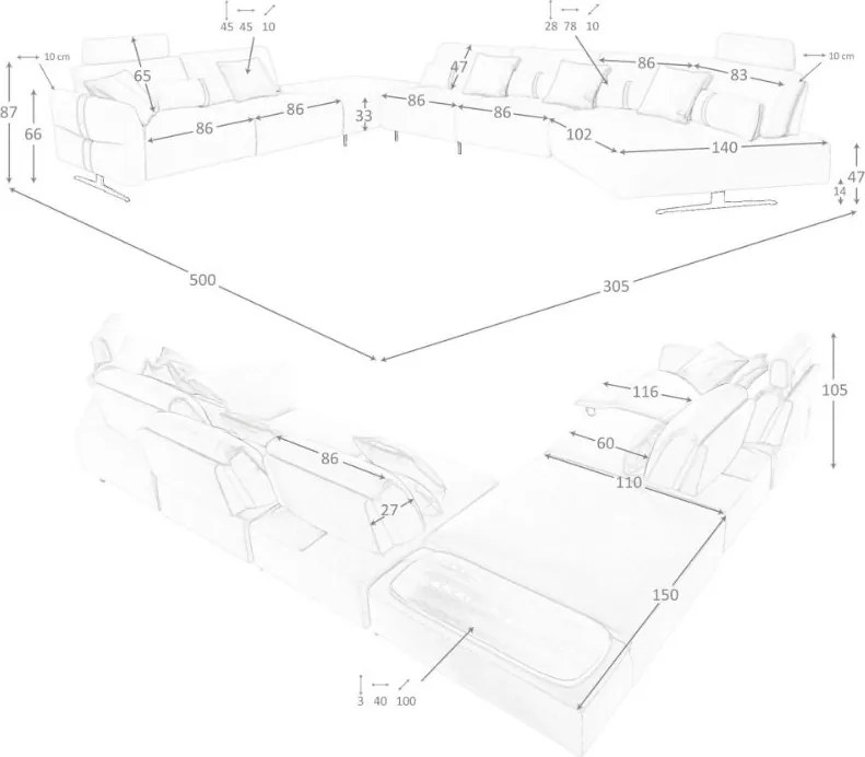 Coltar modular LUX design italian cu sezlong stanga Velvet sand