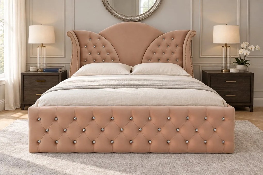 Pat tapițat Chesterfield din catifea Velora Cristal 180×200 cm, cappuccino, cu ladă de depozitare