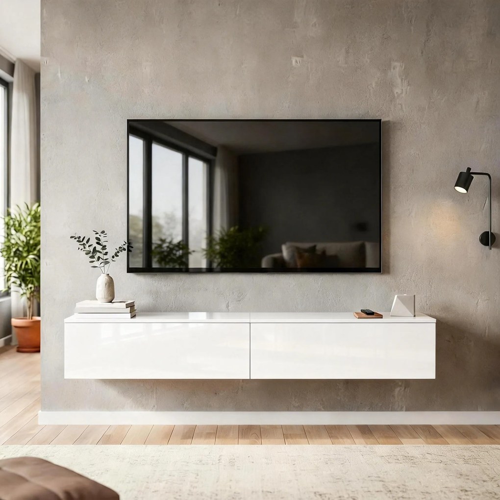 HOMCOM Dulap TV Suspendat 180 cm pentru TV până la 75 Inch, Dulap Modern pentru Living cu Uși cu Deschidere prin Apăsare și Orificii pentru Cabluri, Consolă Multimedia Montată pe Perete, Alb Lucios | Aosom Romania