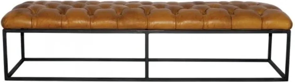 Bancă tapițată din piele naturală maro și metal negru, cu capitonaj, 50 x 132 x 45 cm, „Brooklyn”