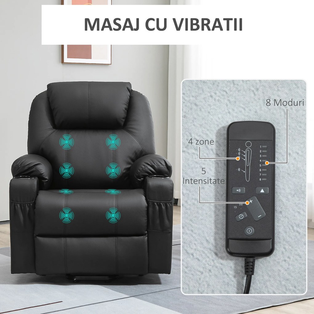 HOMCOM Scaun cu ridicare electric pentru varstnici cu masaj, din piele PU rezistenta cu telecomanda, buzunare laterale, negru | Aosom Romania