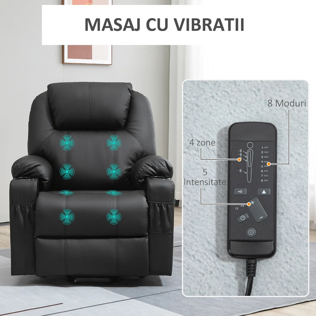 HOMCOM Scaun cu Ridicare Electrică, Masaj, Telecomandă și Buzunare Laterale pentru Vârstnici, din Piele PU, 88x92x106 cm, Negru | Aosom Romania