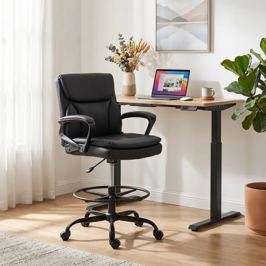 HOMCOM Scaun de desen Scaun de birou ergonomic rotativ cu înălțime și suport pentru picioare reglabil Negru | Aosom Romania