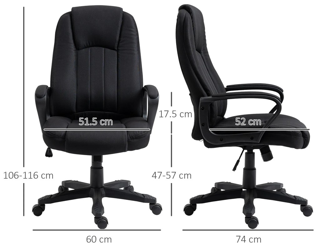 Fotoliu Birou cu Masaj, Interfata USB si Inaltime Reglabila, Tesatura efect in, Roti pivotante 60x74x106-116cm, Negru Vinsetto | Aosom Romania