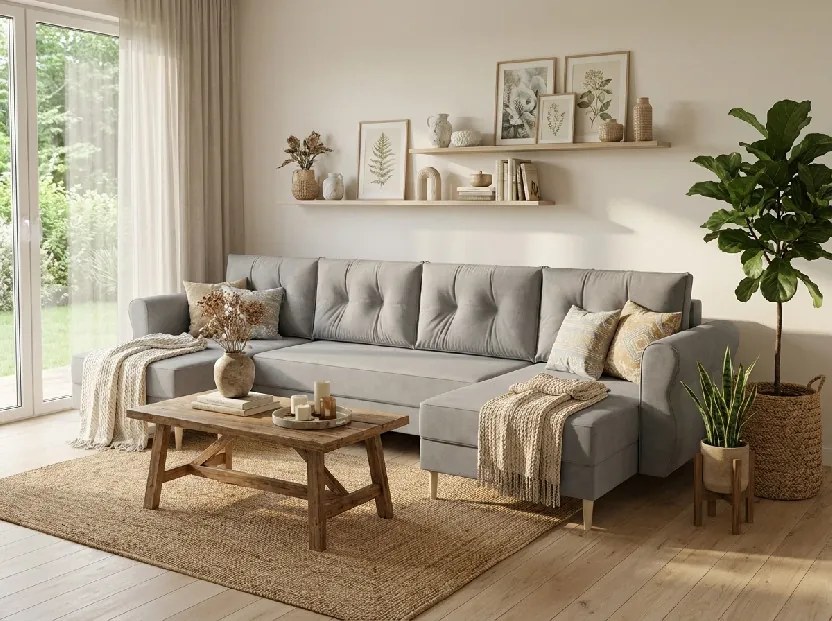 Coltar extensibil in forma de U SILVIANO, gri, 300x140 cm + 2 perne GRATUIT