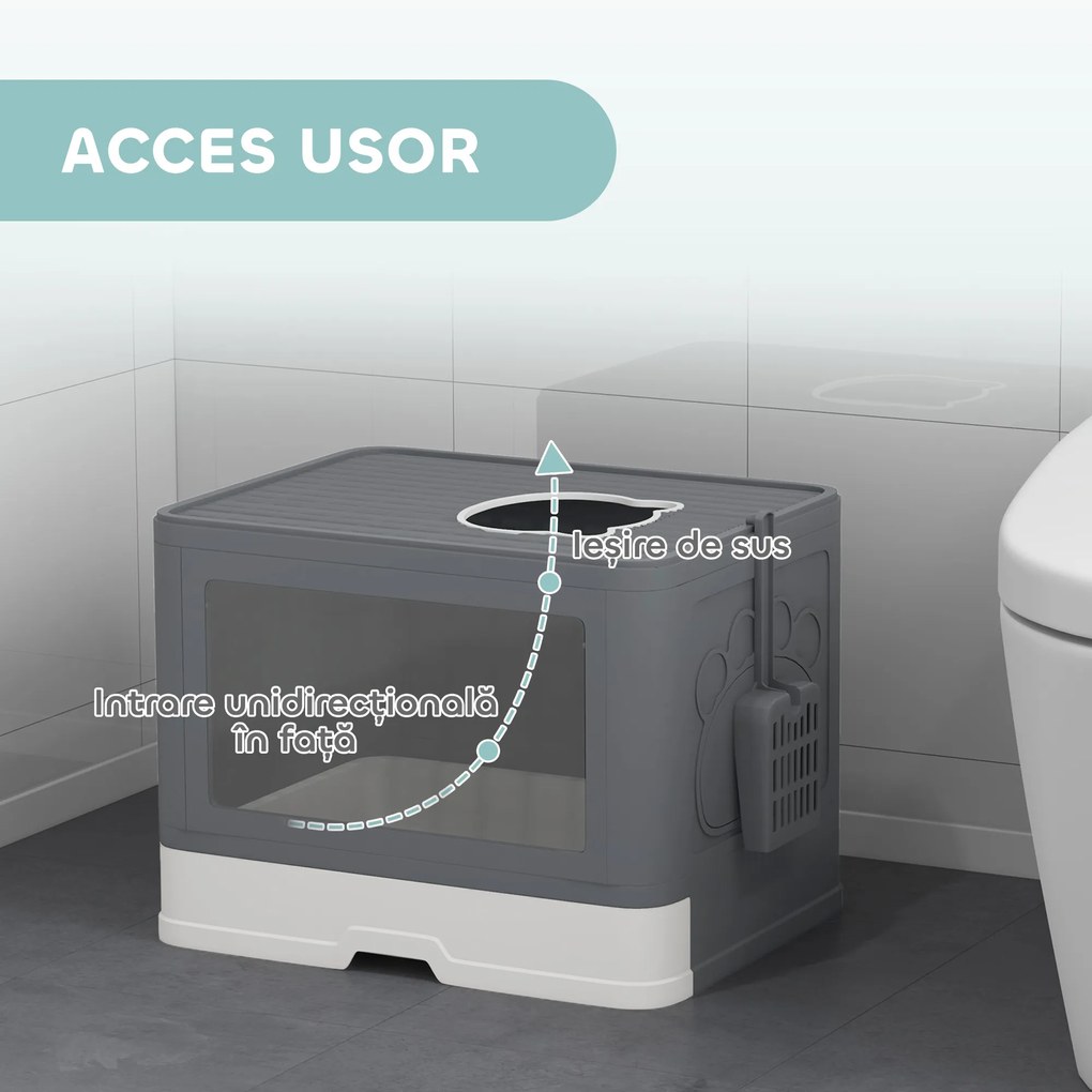 PawHut Litieră pentru Pisici cu Capac Intrare Dublă, Sertar, Lopată Gri | Aosom Romania