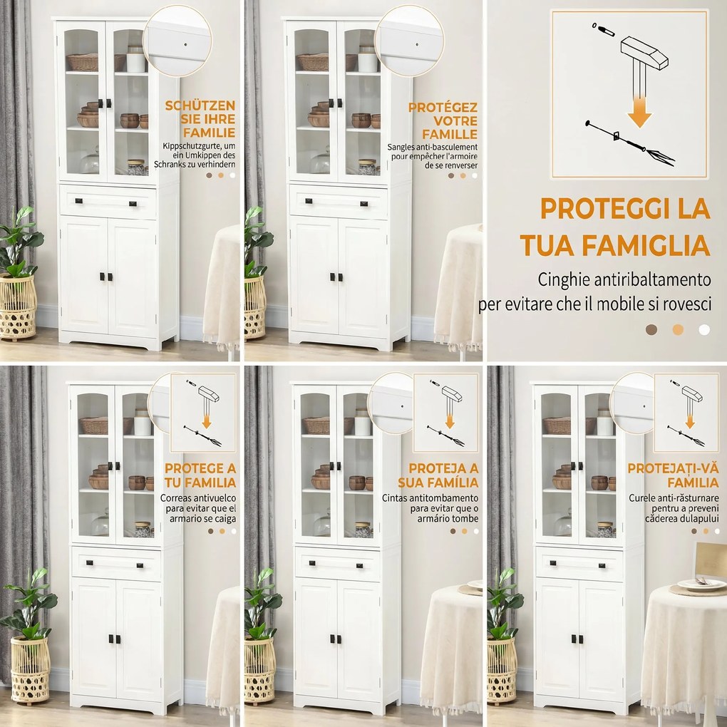 HOMCOM Bufet de Bucătărie cu 2 Dulapuri și Sertar, Mobilier de Bucătărie cu Uși și Rafturi Reglabile, 60x30x160 cm, Alb | Aosom Romania