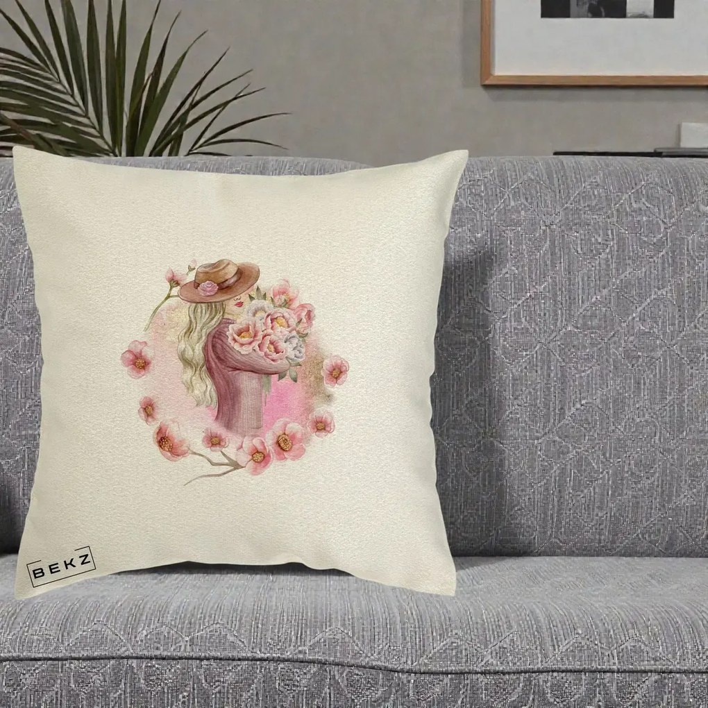 Perna Decorativa Femeie cu Flori Roz Acuarela, 40x40 cm, Ecru, Husa Detasabila, Perna Inclusa, BEKZ®