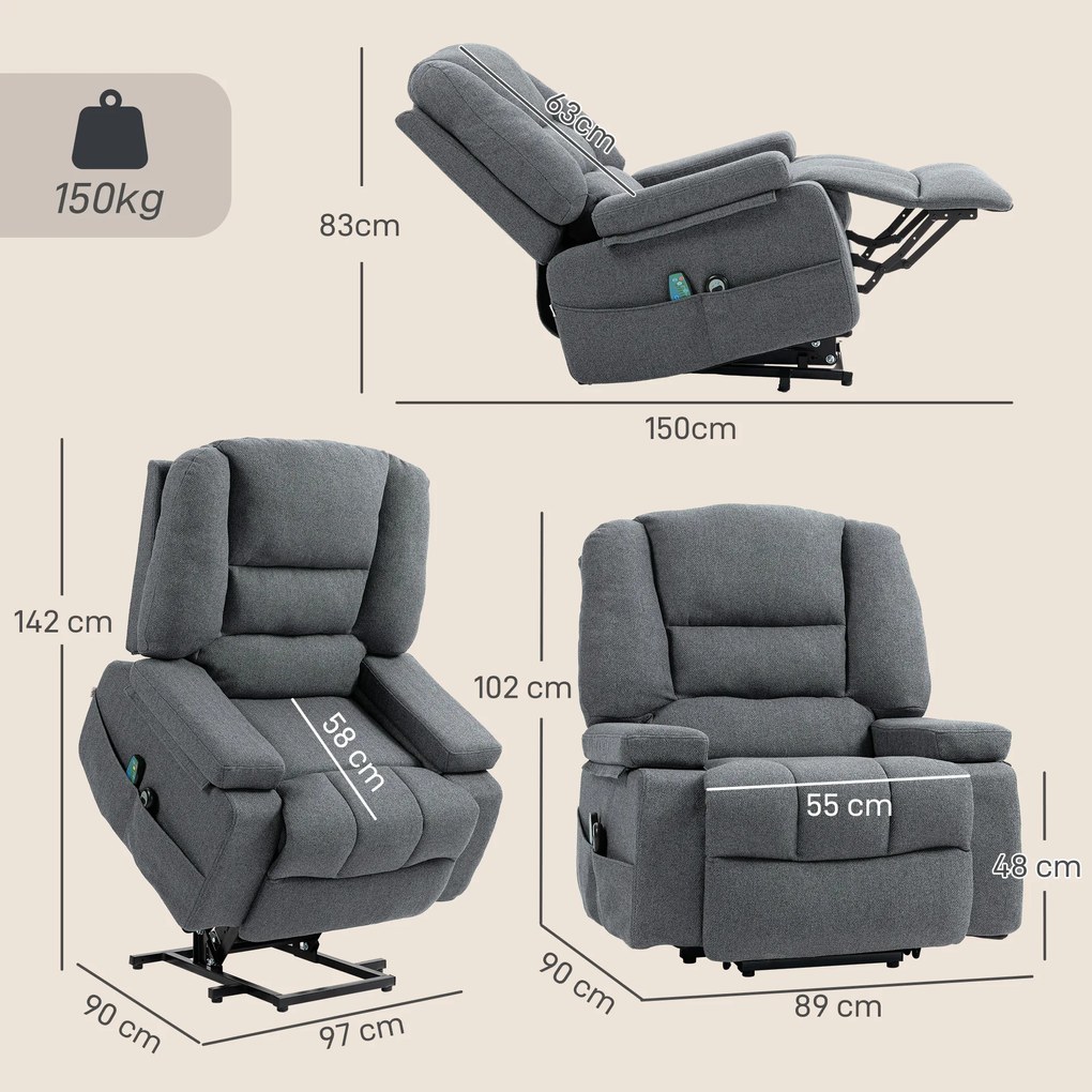 HOMCOM Scaun Rabatabil, Canapea cu Masaj prin Vibrații și Căldură, Scaun de Ridicare cu Telecomandă, 97x90x102 cm, Gri