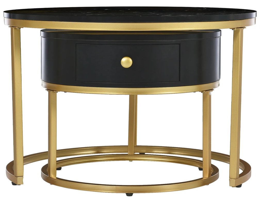 Set de 2 Măsuțe de Cafea Moderne Suprapuse cu Efect de Marmură Lucioasă, Structură din Metal, 70x70x48 cm și 50x50x43,5 cm, Negru