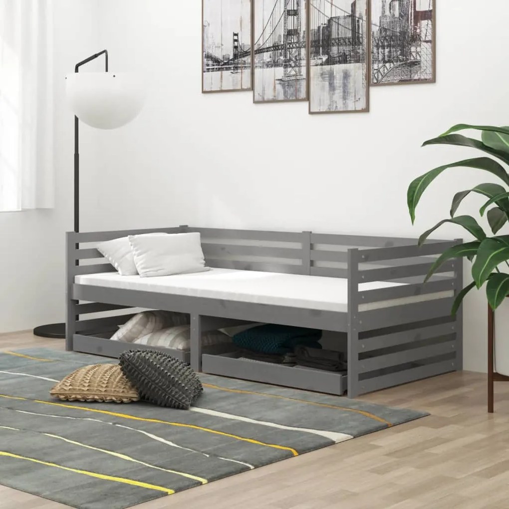 3083691 vidaXL Pat de zi cu sertare, gri, 90x200 cm ,lemn masiv de pin