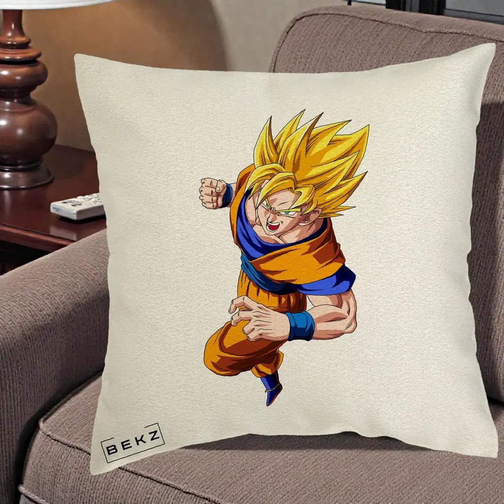 Perna Personalizata Dragon Ball Goku Super Saiyan 2 Lupta, 40x40 cm, Ecru, Husa Detasabila, Perna Inclusa, BEKZ®
