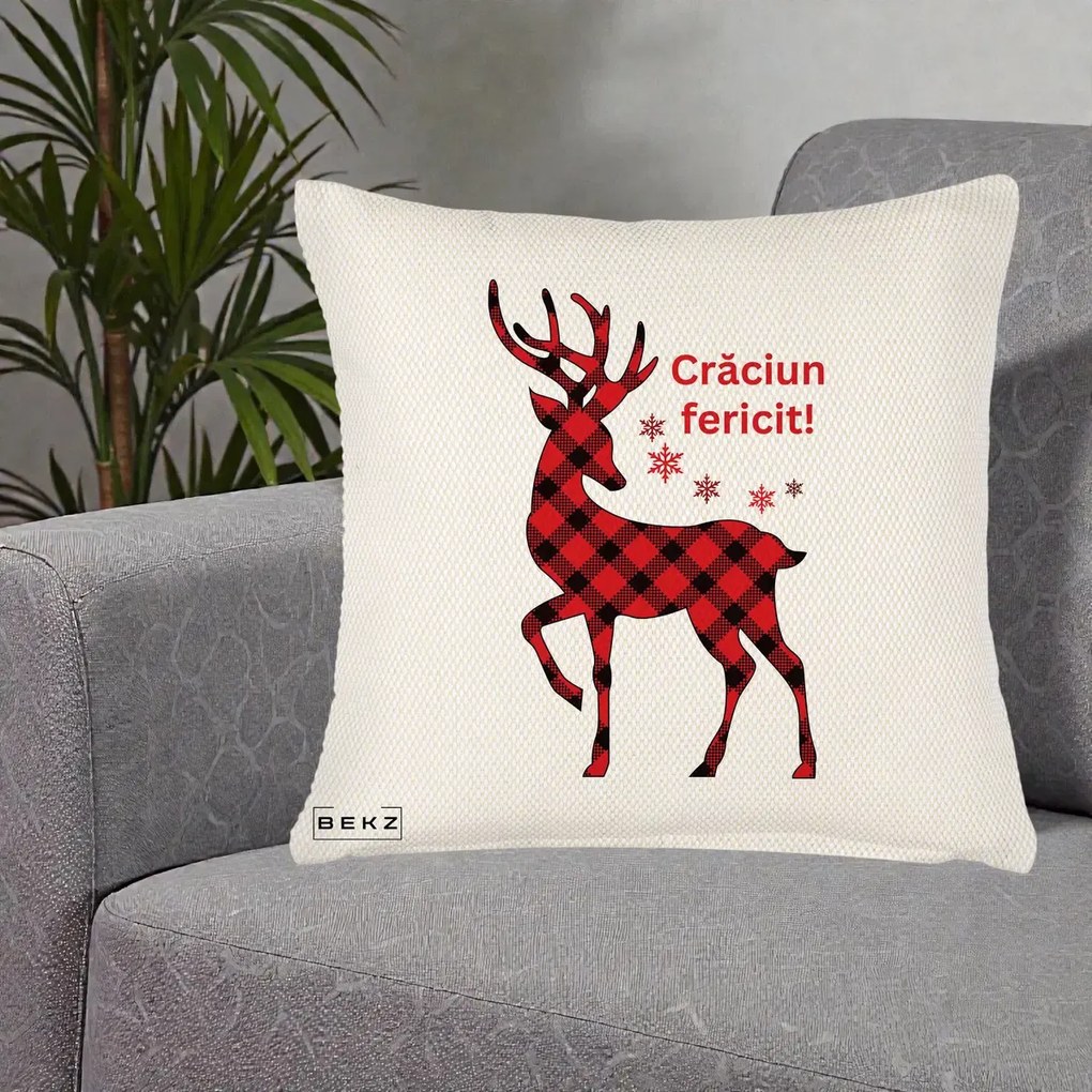 Perna Decorativa Ren Tartan Craciun Fericit, 40x40 cm, Crem Reliefat, Husa Detasabila, Perna Inclusa, BEKZ®