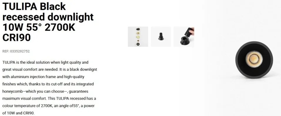 Spot LED incastrabil TULIPA Black recessed downlight 10W 55° 2700K CRI90