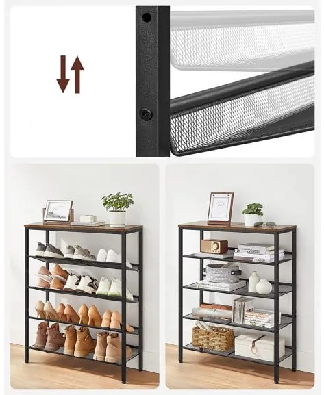 Suport Pentru Pantofi Cu 5 Niveluri, Cu Rafturi Reglabile, Maro Vintage Si Negru, 75 Cm