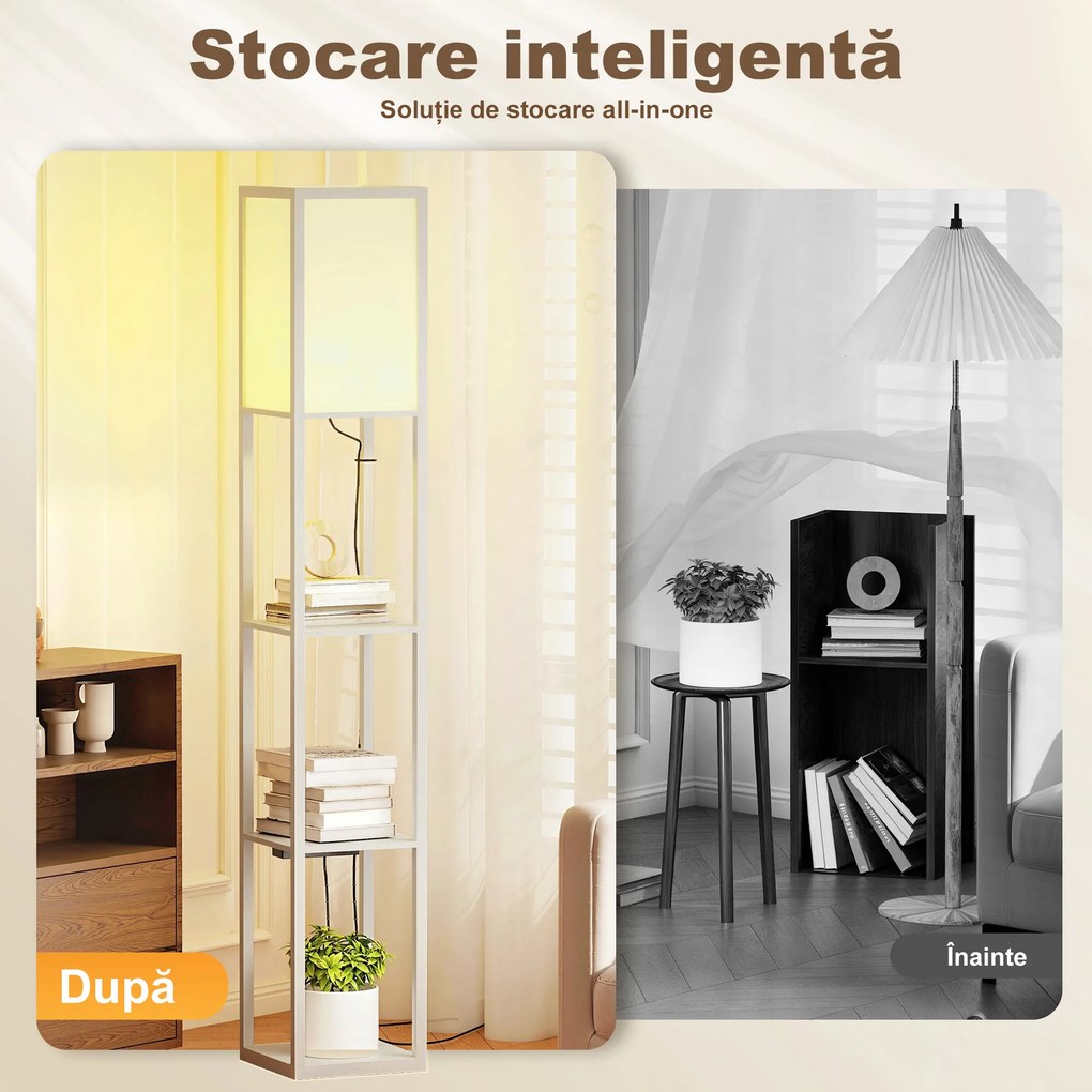 HOMCOM Lampă de Podea LED cu Rafturi, Lampă Modernă cu Comutator cu Pedală și Porturi USB, Temperatură de Culoare Reglabilă pentru Living și Dormitor, Alb | Aosom Romania