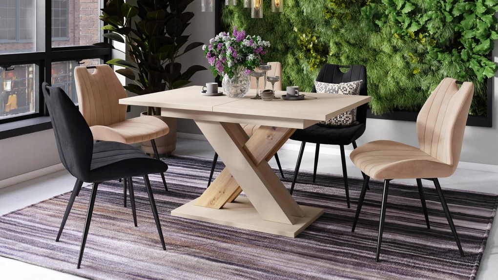 Mazzoni KARO Bej (Șampanie)/Stejar Artisan – MASĂ/MĂSUȚĂ CAFEA MODERNĂ CU BLAT EXTENSIBIL până la 180 cm