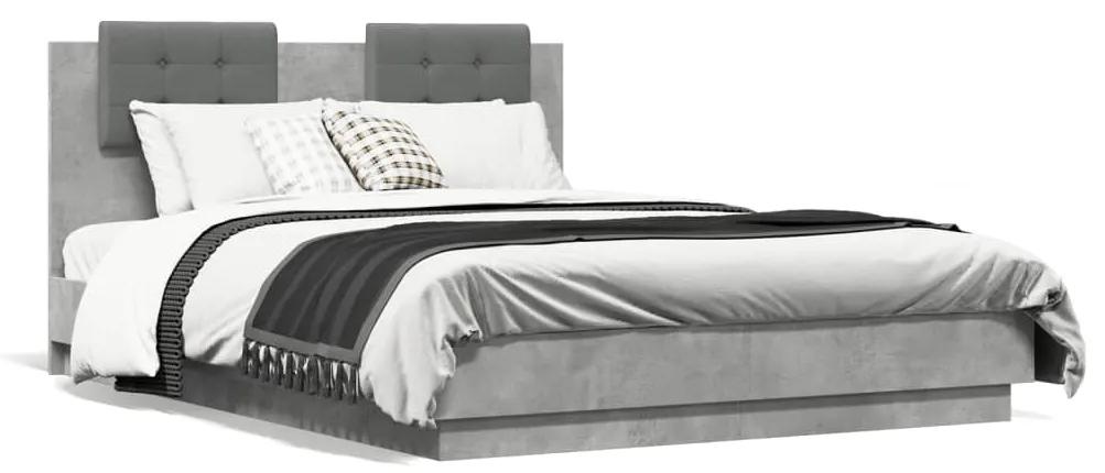 3210041 vidaXL Cadru de pat cu tăblie și lumini LED, gri beton, 140x190 cm