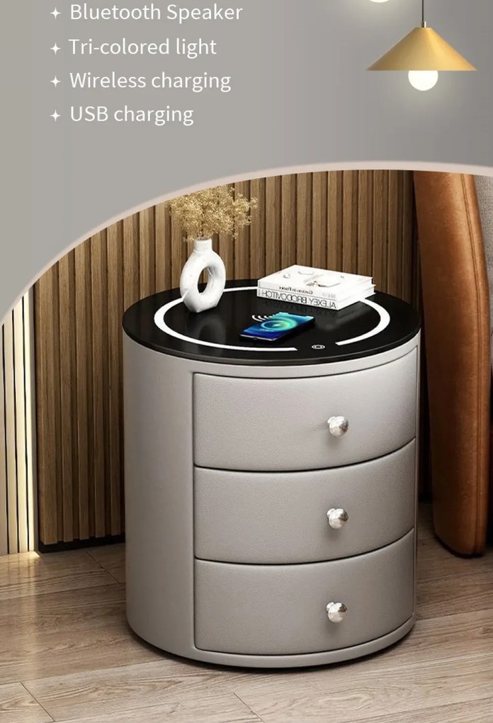 Noptieră inteligentă multifuncțională rotundă, 3 sertare, iluminare LED-uri Touch, încărcare fără fir, încărcare USB, difuzor Bluetooth, sticlă securizată, Gri