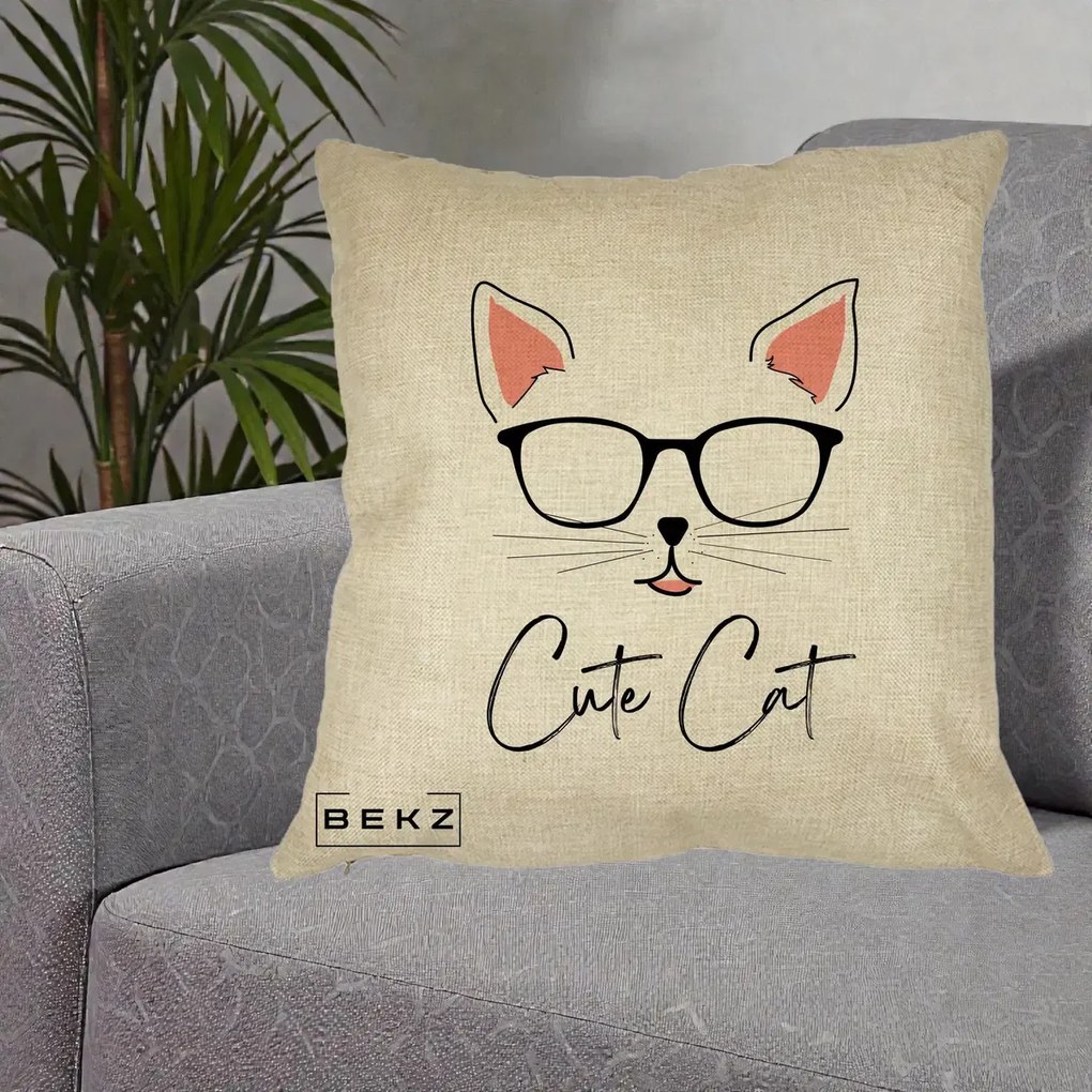 Perna Personalizata Cute Cat cu Ochelari, 40x40 cm, Crem, Husa Detasabila, Perna Inclusa, BEKZ®