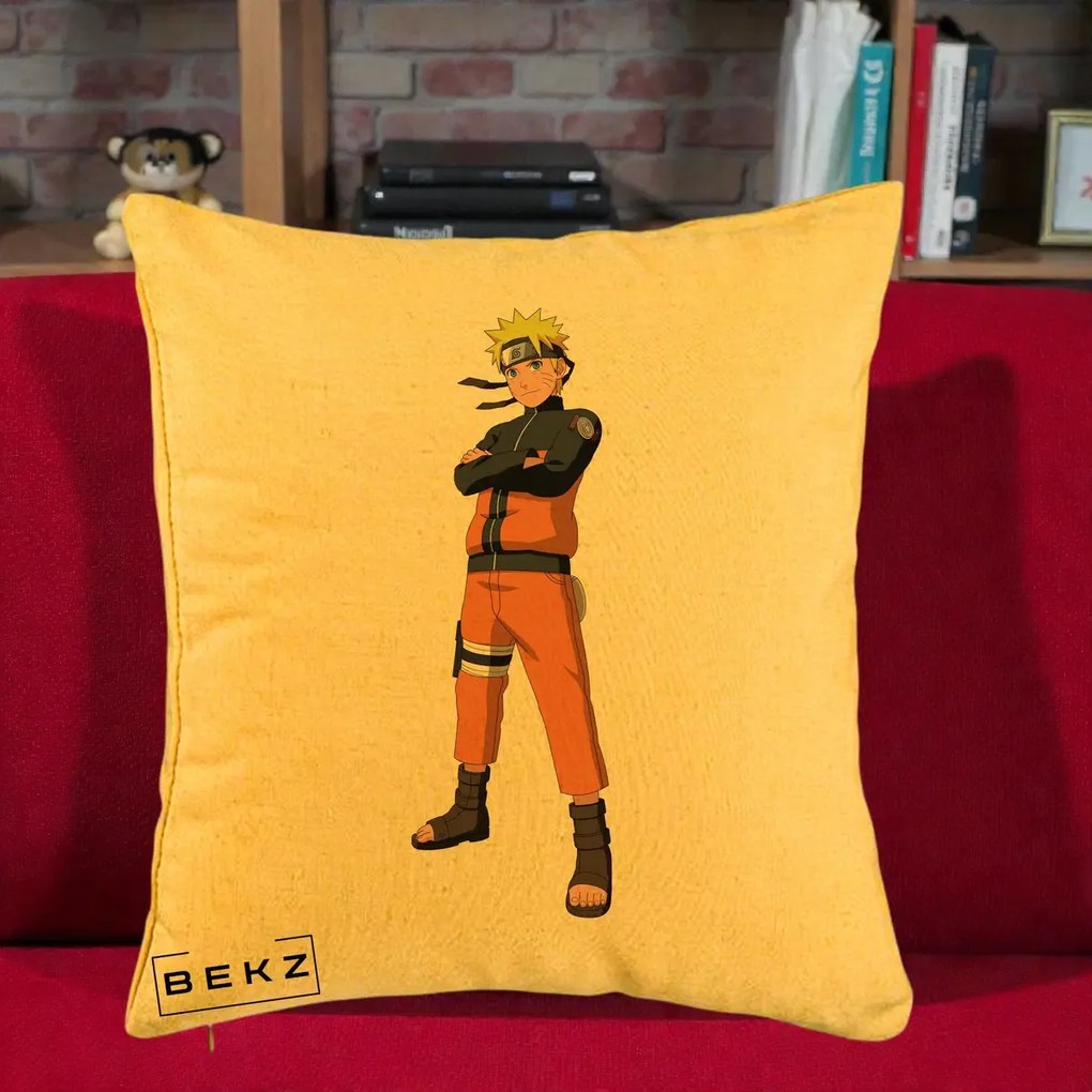 Perna Personalizata Naruto Uzumaki Portret Complet, 40x40 cm, Galben, Husa Detasabila, Perna Inclusa, BEKZ®
