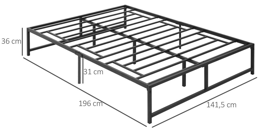 HOMCOM Cadru de pat dublu 140 x 190 cm, pat dublu 2 persoane din otel, inaltime 31 cm cu depozitare, somiera cu lamele, negru | Aosom Romania