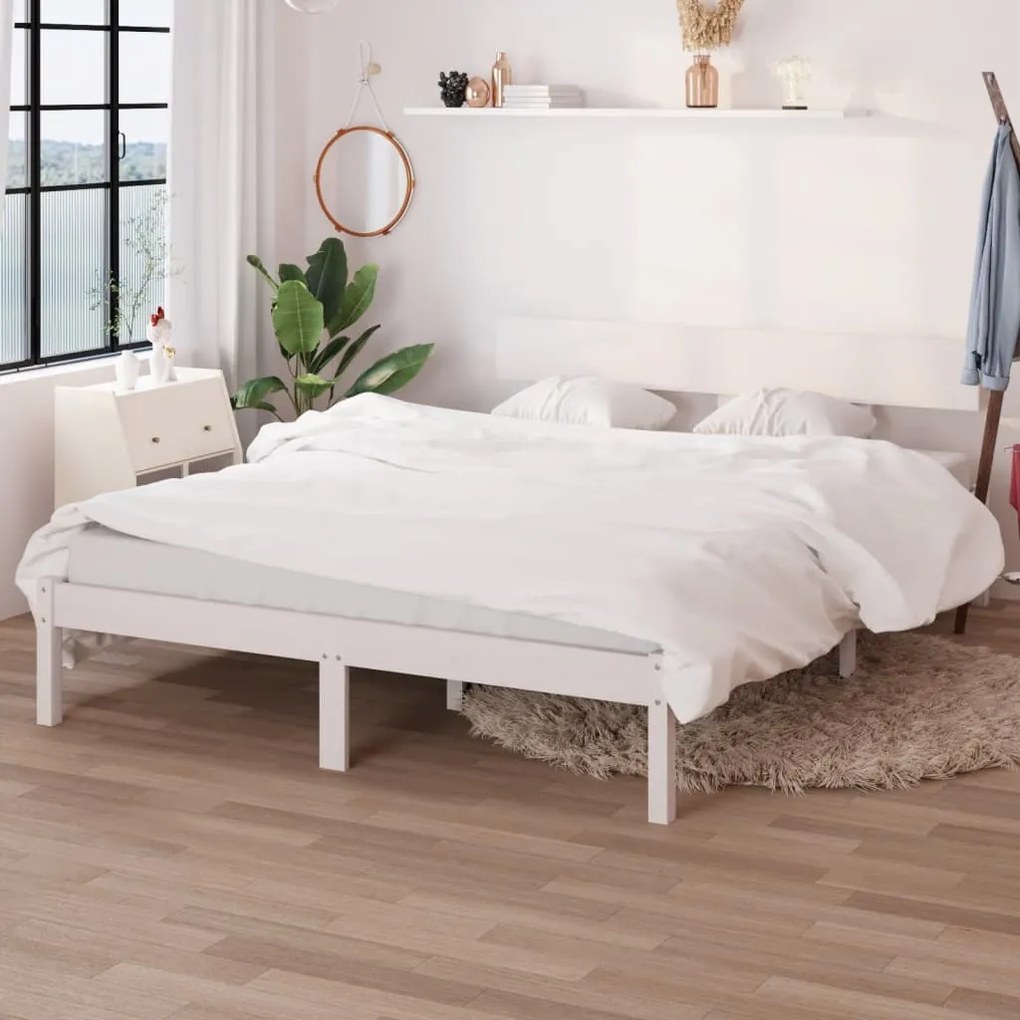 vidaXL Cadru de pat dublu, alb, 135x190 cm, lemn masiv de pin