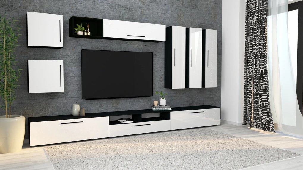 Living haaus Haga V1, Alb Lucios/Negru, MDF, L 360 cm