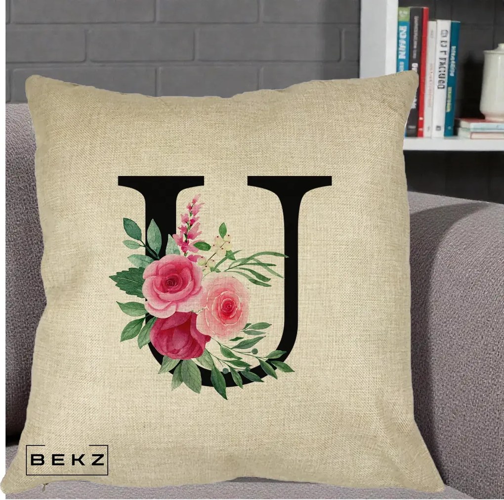 Cadou Personalizat - Perna Personalizata Monograma Florala Litera U, 40x40 cm, Crem, Husa Detasabila, Perna Inclusa, BEKZ®