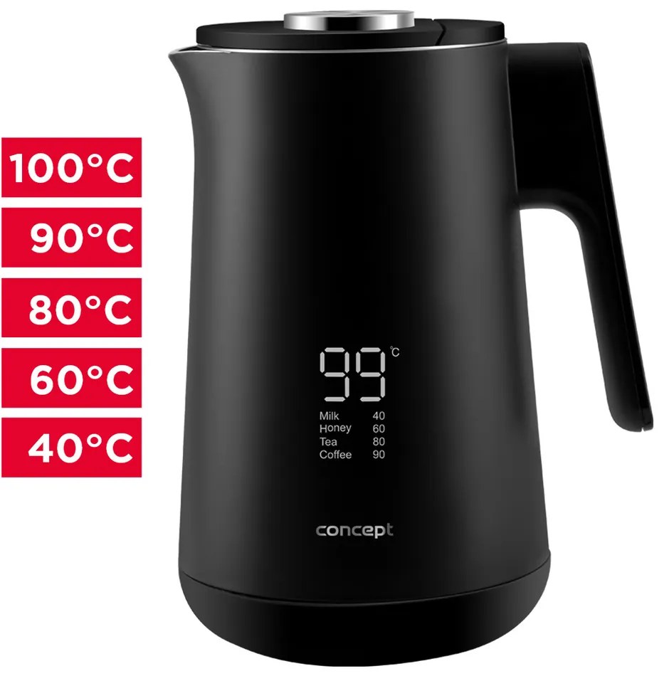 Fierbător digital Concept RK3340 din oțel inoxidabil, 1,7 l INTUITIVE, negru