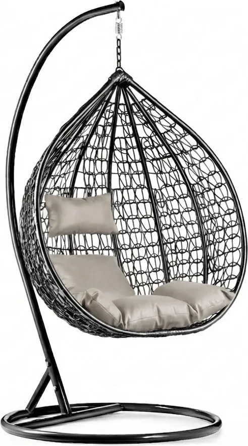 Scaun suspendat negru KOKON cu suport, perna deschisa la culoare